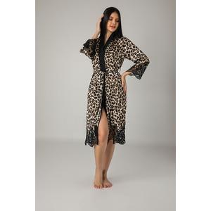 Kimono Leopar Desen Etek Kol Dantel Saten Bayan Sabahlık