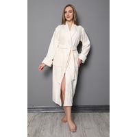 Krem Şal Yaka Eteği Jakarlı Bambu Pamuklu Bayan Bornozu