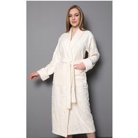 Krem Şal Yaka Eteği Jakarlı Bambu Pamuklu Bayan Bornozu